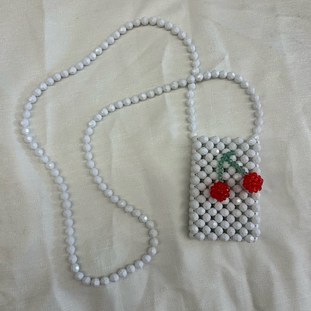 Susan Alexandra White Beaded Crossbody Bag with Cherry Design